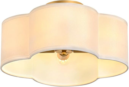 Gold 4-Light Semi Flush Mount Ceiling Light, White Fabric Close to Ceiling Light Fixtures, Clover Drum Ceiling lamp for Bedroom, Hallway, Kitchen, Corridor, Lanudry Room, Nursery