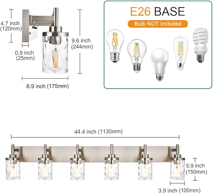 Bathroom Vanity Lighting Fixtures 6 Lights,Brushed Nickel Bathroom Vanity Lights with Clear Hammered Shade Wall Sconce Lighting Modern Farmhouse Bath Lighting