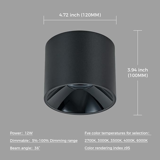 12W 5CCT Modern Led Ceiling Spotlights Indoor Dimmable 2700K-3000K-3500K-4000K-6000K Selectable, 4.72" Black Cylinder Ceiling Spot Light CRI 95+ Mini Led Spot Lights Fixtures, 2 Pack