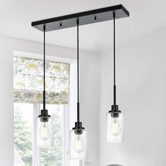 TODOLUZ Pendant Light Fixtures, 3-Lights Adjustable Modern Hanging Light with Seeded Glass, Kitchen Island Lighting for Over Table Dining Room
