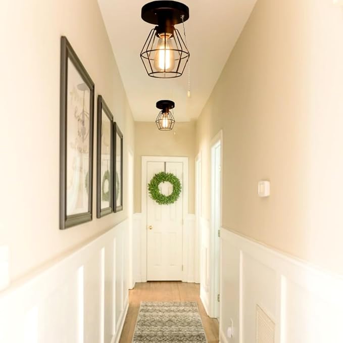 Black Metal Wire Cage Ceiling Light with Pull Chain, 1-Light Modern Industrial Semi Flush Mount Light Small Pull String Entryway Porch Ceiling Light Fixture Edison E26 161