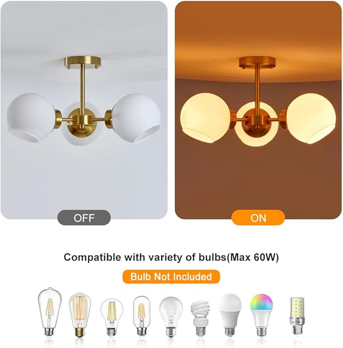 Gold Sputnik Semi Flush Mount Ceiling Light 3 Light Frosted Globe Glass Chandeliers Mid Century Close to Ceiling Light Fixture for Bedroom Living Room Entryway Hallway