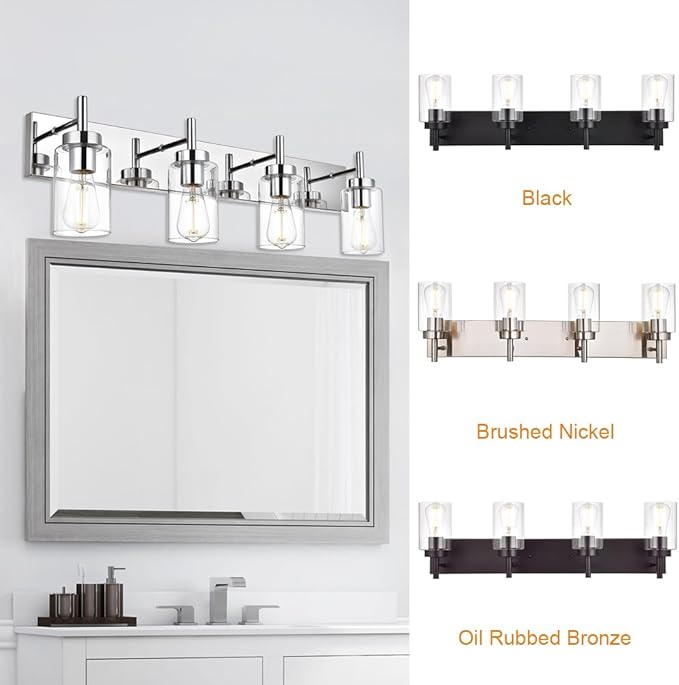 VINLUZ Modern Bathroom Lighting with Clear Glass Shade 4-Light Vanity Light Fixtures Chrome Finished Industrial Wall Light Sconces for Bedroom Hallway (Patent No.: US D958,438 S)