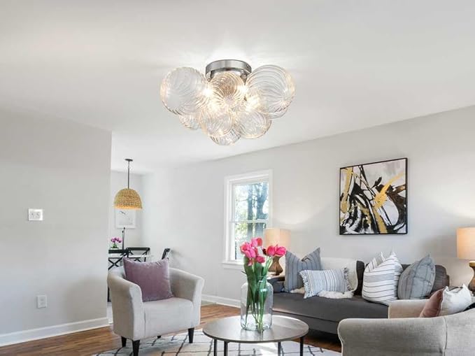 AGV LIGHTING Modern Bubble Glass Flush Mount Ceiling Light Fixture, Chrome 4-Light Ceiling Chandelier with Clear Textured Glass Globe Shades, 18” Living Room Bedroom Dining Room Lighting