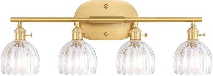 Shenmoyl Bathroom Light Fixtures, 4-Light Brass Vanity wall Light Over Mirror with Clear Tulip Glass Shade for Bedroom Living Room (Bulb Not Included)