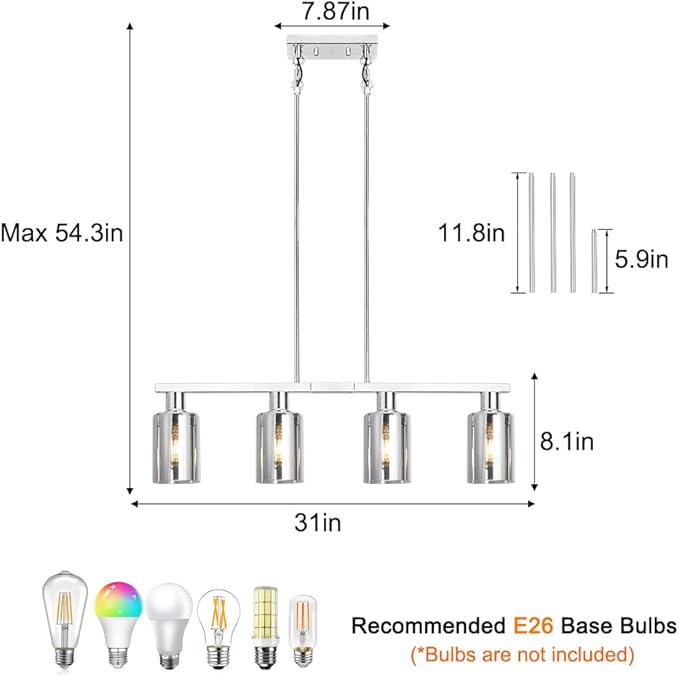 4-Light Kitchen Island Lighting, Chrome Dining Room Light Fixture/Island Light Over Table Hanging for Farmhouse Linear Chandeliers Rustic Ceiling Pendant Light Fixtures with Smoke Gray Glass Shade