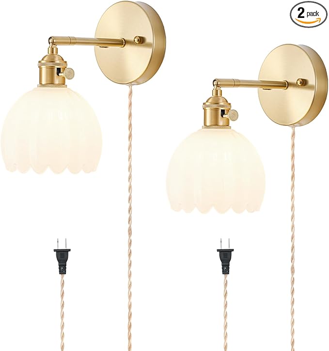 Plug in Wall Sconces Set of 2, Vintage Wall Sconce Light with Tulip Milk White Glass Lampshade, Bedroom Wall Sconce with Switch and Plug in wall lamp Cord, Gold Wall Light Wall Decor Set of 2