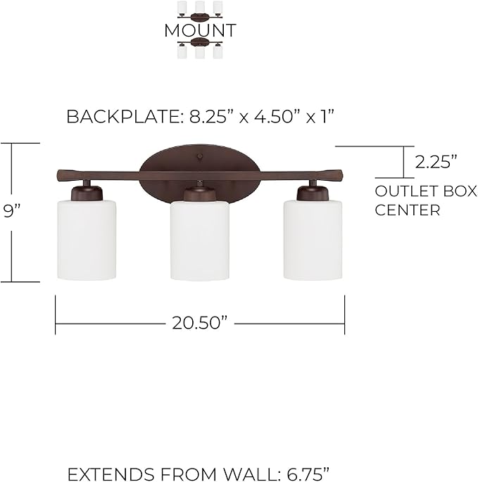 HomePlace Lighting 115231BZ-338 Dixon Modern Soft White Glass Bathroom Vanity Wall Light, 3-Light 300 Total Watts, 9"H x 21"W, Bronze