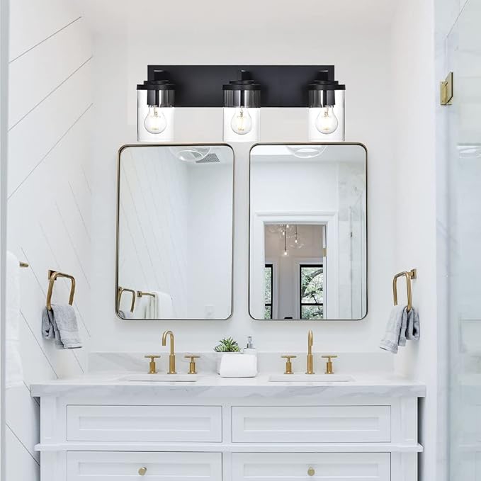 BONLICHT Modern 3-Light Vanity Light Fixture Black Bathroom Wall Light Over Mirror with Clear Glass Shade, Rustic Vintage Wall Sconce Lighting Farmhouse Wall Mounted Lamp for Powder Room Hallway