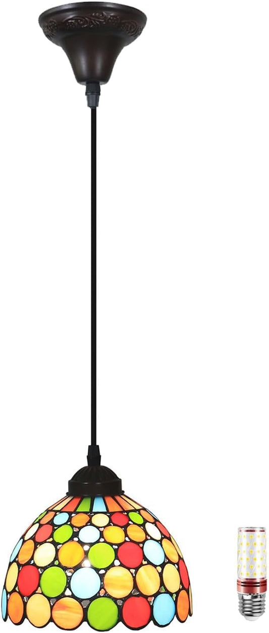 Stained Glass Hanging Lamp, Small Pendant Lights, Height Adjustable Vintage Chandelier Light Fixture, Wide 8 Inch