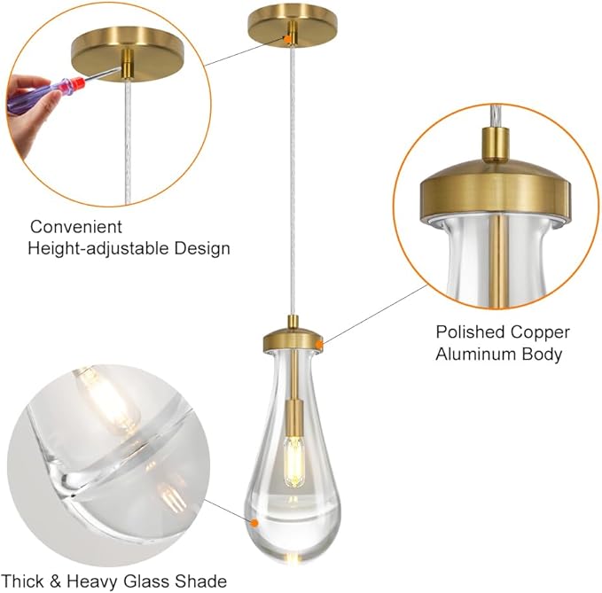 Raindrop Pendant Light Set of 2, Gold 4.7in Clear Glass Teardrop Pendant Lights for Kitchen, Modern Pendant Lights Kitchen Island for Dining Room, Bathroom, Hallway, Adjustable Cord, Bulb Included