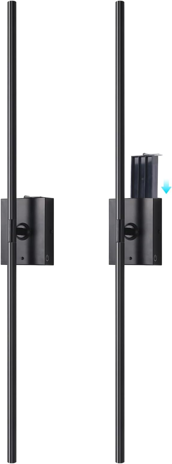 Shenmoyl Battery Operated Wall Sconce Set of 2, 5000mAh Rechargeable Wall Sconces with Detachable Battery, Indoor 350°Rotate Wall Lights for Bedroom Living Room, Black, 31.5 Inch