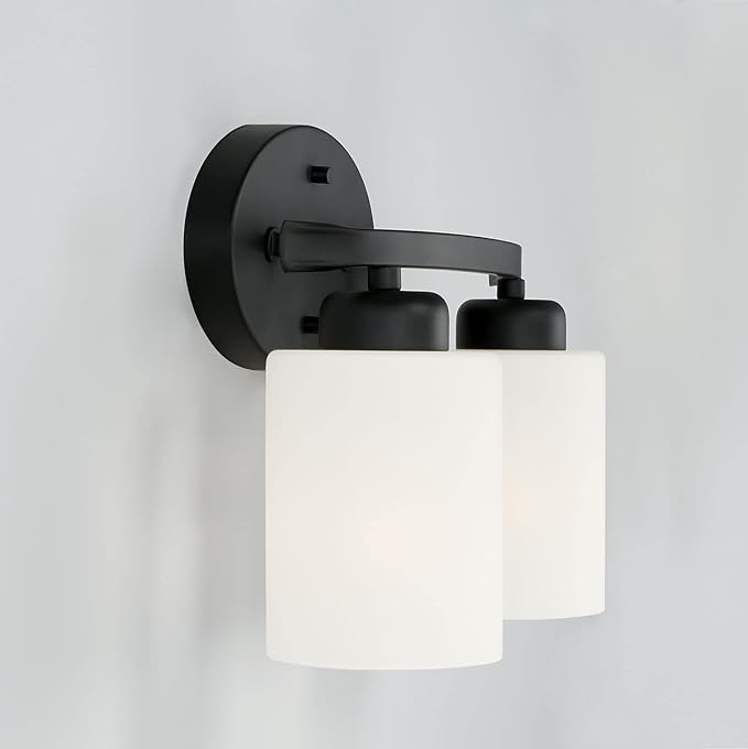 HomePlace by Capital Lighting 115221MB-338 Dixon Modern Soft White Glass Bathroom Vanity Wall Light, 2-Light 200 Total Watts, 9" H x 13" W, Matte Black