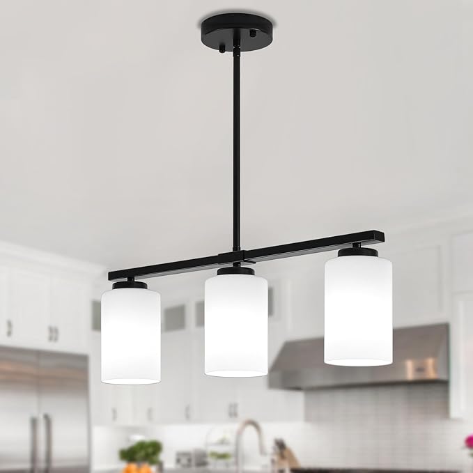 3-Light Modern Island Lights for Kitchen, Black Dining Room Light Fixtures Farmhouse Linear Chandeliers Over Table, White Frosted Glass Adjustable Hanging Light Kitchen Pendant Lighting Over Island