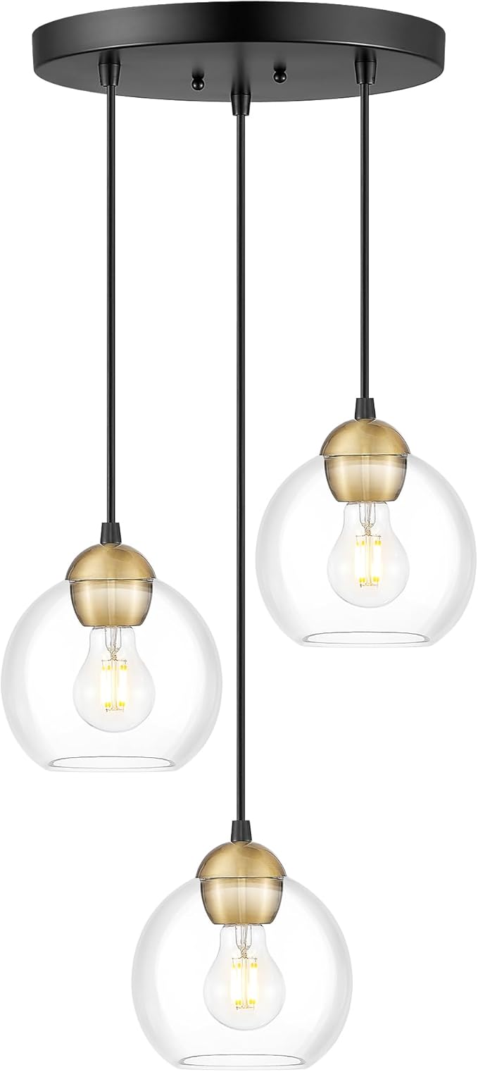 Emak Black and Gold Pendant Lights Kitchen Island, 3-Light Pendant Light with 7 Inch Globe Glass Shade, Modern Farmhouse Cluster Kitchen Island Lighting for Dining Room, Bathroom, PL119-BKBGD-CG-CL