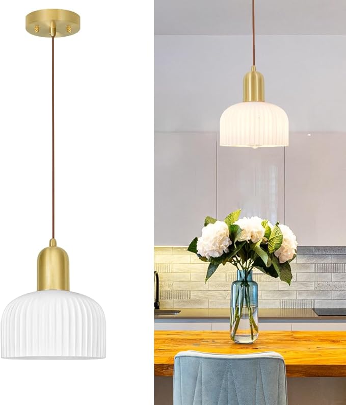 Vintage Pendant Light, Kitchen Island Lighting with Milky White Glass, Farmhouse Ribbed Glass Pendant Light Fixture, Minimalist Ceiling Lamp, Adjustable Hanging Light for Bedroom Dining Room Hallway
