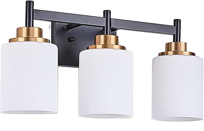 18-Inch Bathroom Vanity Light, 3-Light Black Gold Wall Sconce with White Glass Shades, Modern Hardwired Vanity Lighting Fixture