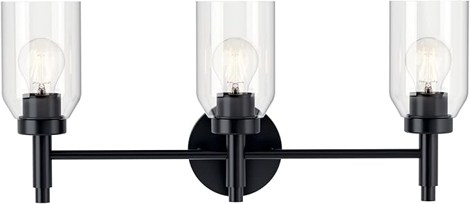 Kichler Madden 3-Light Bathroom Vanity Light Fixture with Clear Glass Shades in Black, Modern Wall Mount Over Mirror for Single Vanity, E26 Medium Base (10.5" x 24"), 55185BK