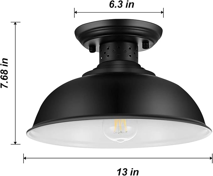 2PCS Industrial Vintage Ceiling Light, Semi Flush Lighting Kitchen Island Dining Room Foyer Hallway Porch Barn Loft, Black 13in