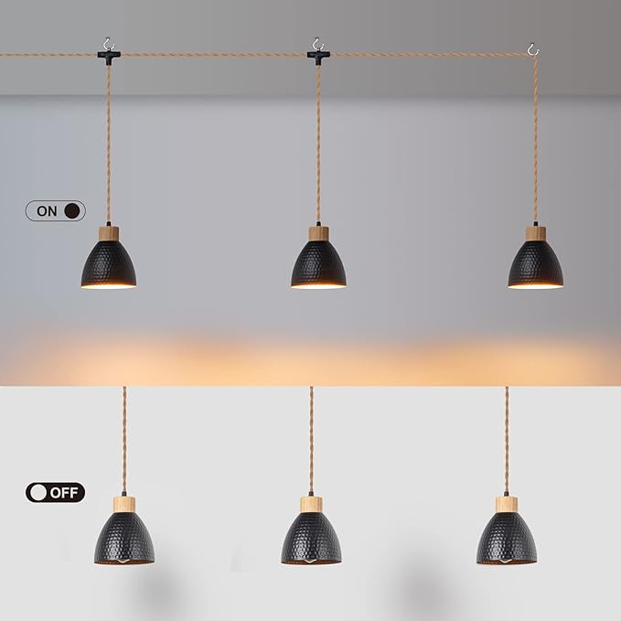 3-Light Plug in Pendant Light 22FT Industrial Hanging Lamp with Twisted Hemp Rope Independent Triple Switch Hanging Light Chandelier for Dining Room Kitchen, Black Finish