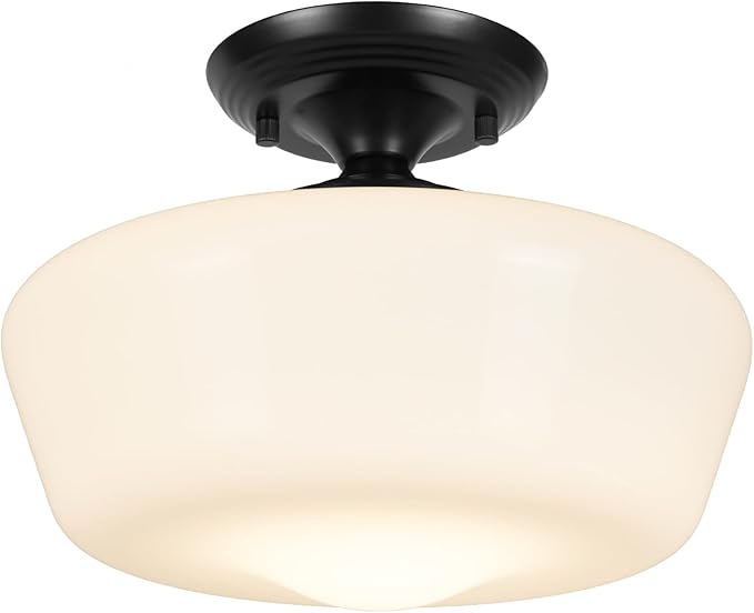 Schoolhouse Style Semi Flush Mount Ceiling Light Fixture, 12" Modern Hallway Ceiling Lamp with Opal Milk Glass Shade, Farmhouse Globe Light for Bedroom Kitchen Hallway Entryway Laundry