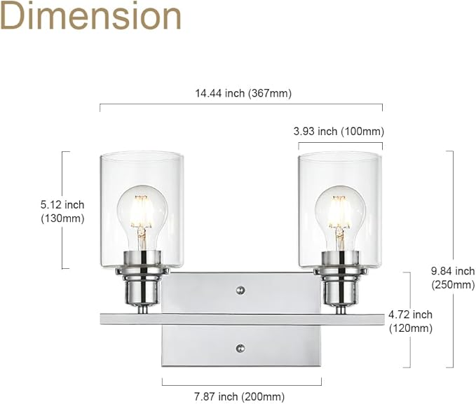 VINLUZ Bathroom Light Fixtures in Chrome Finish,2 Light Industrial Indoor Wall Sconce with Clear Glass Shade Metal Vanity Lighting Over Mirror Bulb Not Included