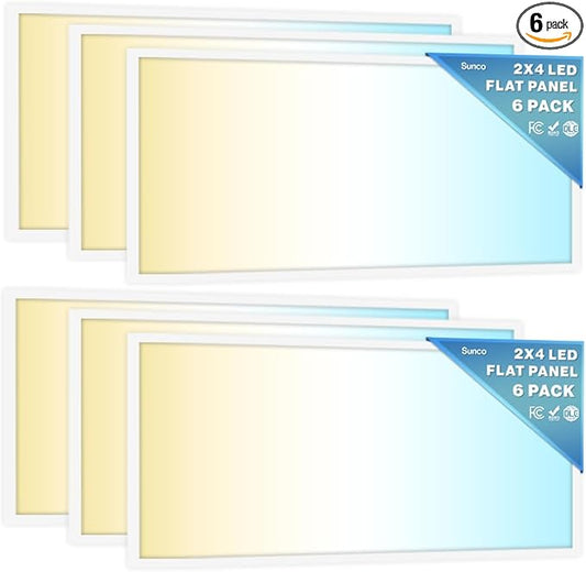 Sunco 6 Pack 2x4 LED Flat Panel Light Drop Ceiling Office Shop Commercial Warehouse Fixture, 6500 Lumens, Selectable Features, 30W/40W/50W, 4000K/5000K/6000K, Dimmable (0-10V), Dustproof ETL