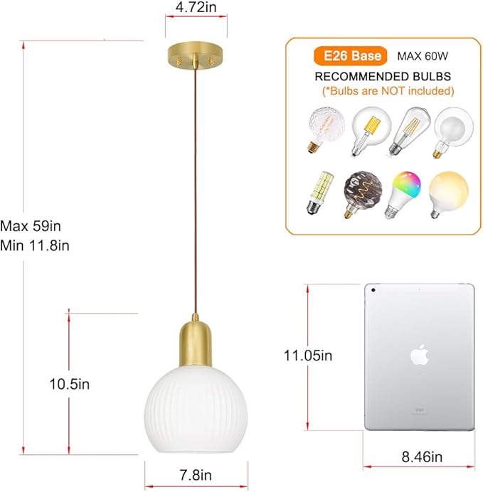Gold Pendant Light Set Of 2, Modern Pendant Lights Kitchen Island With White Striped Glass, Mid Bathroom Pendant Light Adjustable Hanging Light For Dining Room Hallway, 7.8in Shade 11.8-59in Cord