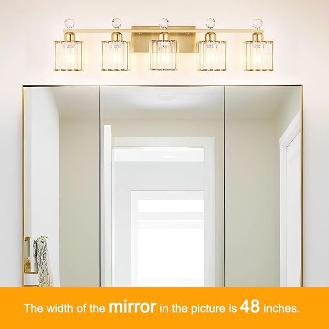 Lxybcce Bathroom Vanity Lights Over Mirror - Easy Installation with Clear Guide, 5-Light Shadow-Free Design, Gold Crystal Finish - for Modern Home Bathroom Lighting Fixtures in DIY Projects