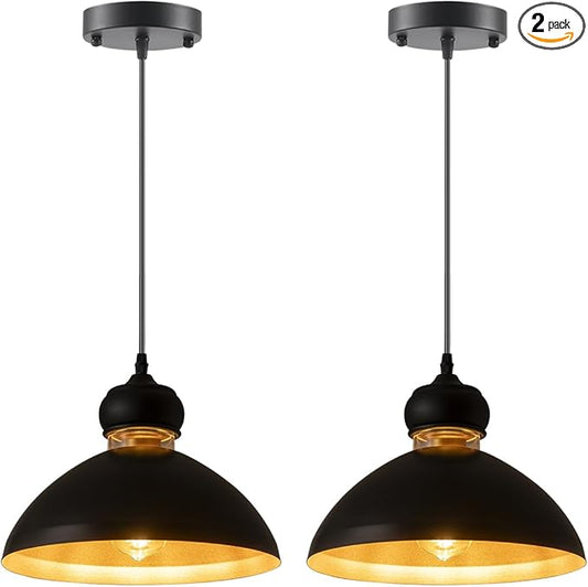 Black Farmhouse Pendant Lights,Matte Pendant Lighting for Kitchen Island Industrial Adjustable Height Vintage Dome Hanging Light Fixtures for Barn, Dining Room (2)