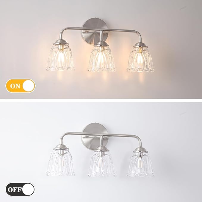 Vintage Batheoom Vanity Light, Brushed Nickel Vanity Lighting, Elegant 3-Light Bathroom Light with Flower Glass Shade, Lighting Fixture over Mirror, Wall Sconce Lighting for Bedroom Living Room