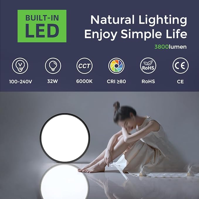 LightingWill 15.7 Inch Black Flush Mount LED Ceiling Light Fixture 32W, 6000K Daylight White, 3800LM, Flat Modern Round Closet Lighting Fixtures, Low Profile Ceiling Lamp for Bedrooms, Hallway .etc.