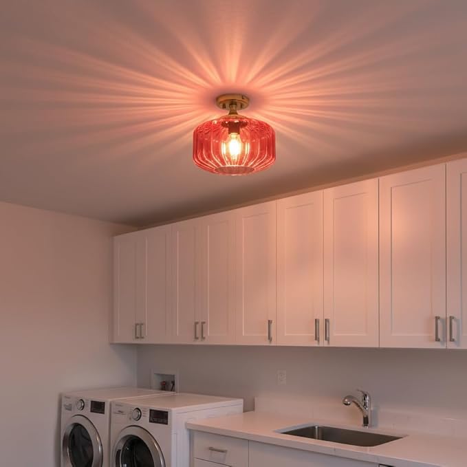 Gold Bathroom Ceiling Light Fixtures Vintage Ribbed Glass Overhead Light Flush Mount Ceiling Light 1-Light Red Chandelier Kitchen Light for Laundry Room Foyer Closet