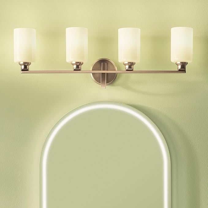 Kichler Gioe 4-Light Vanity Light Fixture with Opal Glass in Champagne Bronze, Wall Mounted Bathroom Light for Mirror, Damp Rated (32.25" x 10.5" x 6.75"), 55227CPZ