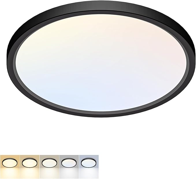 LED Flush Mount Ceiling Light,12Inch 24W,3000K/3500K/4000K/5000K/6500K 5 Color Temperatures Ceiling Light Fixture for Kitchen Porch Hallway Bedroom Bathroom and Closet,Black