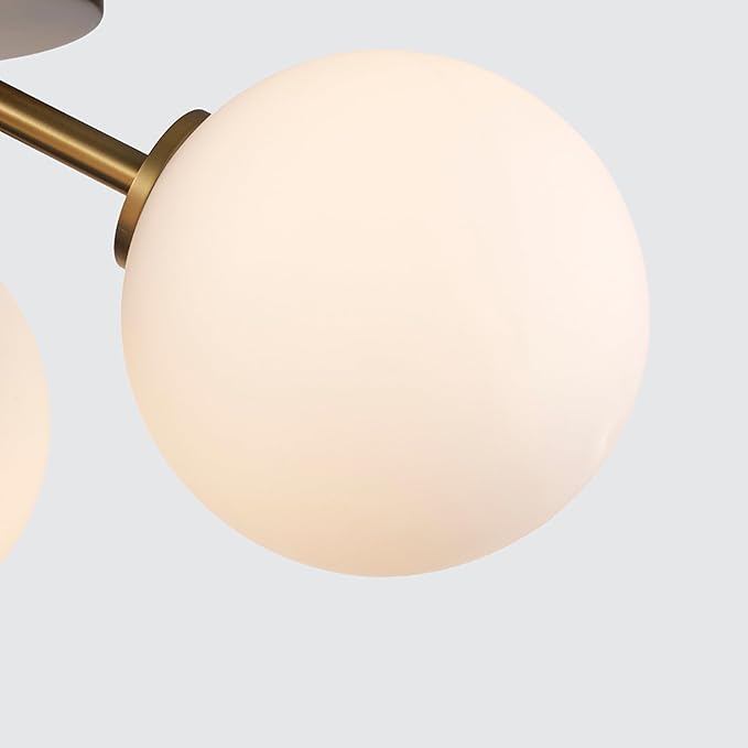 Prismara 16 Inch 3-Light Ceiling Light | Antique Gold Finish with Opal Glass Shades | Uses 3 E-12 Candelabra Base Dimmable Bulbs | Modern Flush Mount Light (Gold)