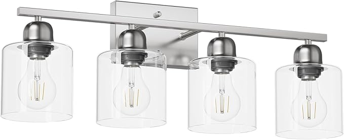 Modern Brushed Nickel 4 Light Bathroom Light Fixtures, 24 inch Vanity Lights for Bathroom with Clear Glass, Vanity Lights for Mirror Kitchen Living Room Hallway Cabinet Porch