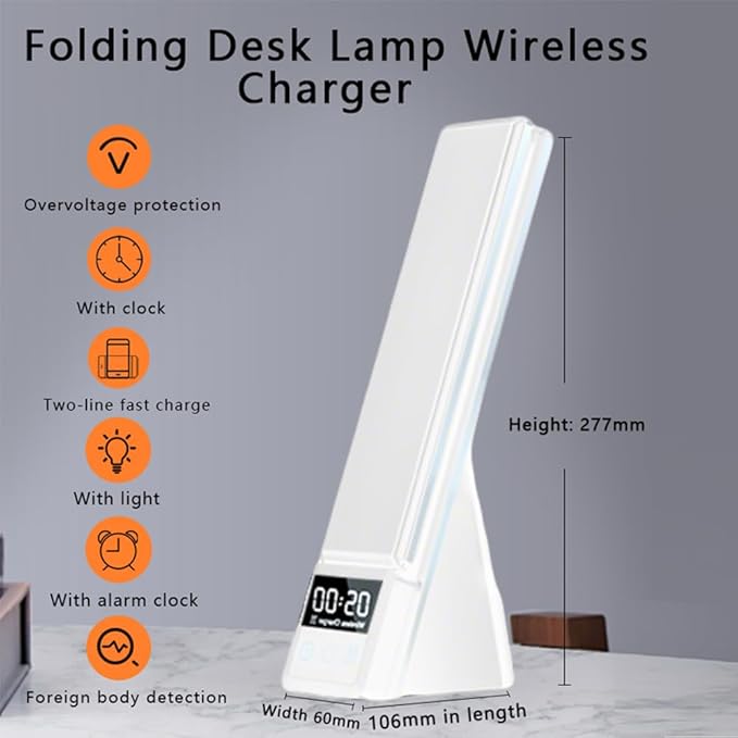 IHAO 6in1 Multifunctional Foldable LED Table Lamp with Wireless Charger Digital Alarm Clock Eye-Care Lighting 3 Color Modes 15W Qi Charger for Phone/Headphones, iWatch Charger Compatible-N61 White