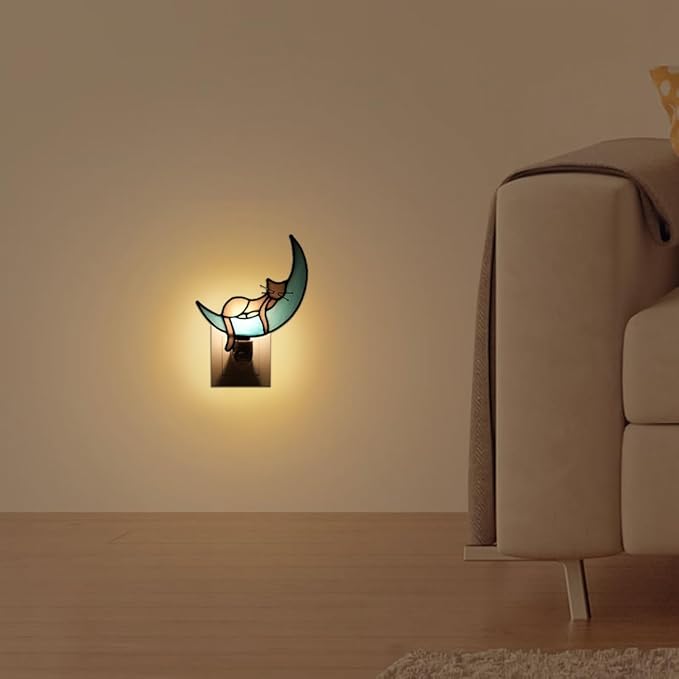 BOXCASA Cat on Moon Decor Stained Glass Night Lights Plug Into Wall Decorative,Night Light Plug in Decor for Children's Room Kitchen Toilet Bathroom,Cats Themed Gifts for Women Cat Lover