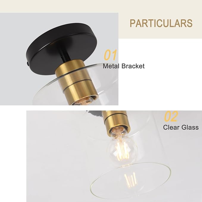 Black Brass Semi Flush Mount Ceiling Light,Modern Farmhouse Ceiling Light Fixture for Closet Entryway,Hallway Light Fixture 5.9in Clear Glass Shade 2 Pack