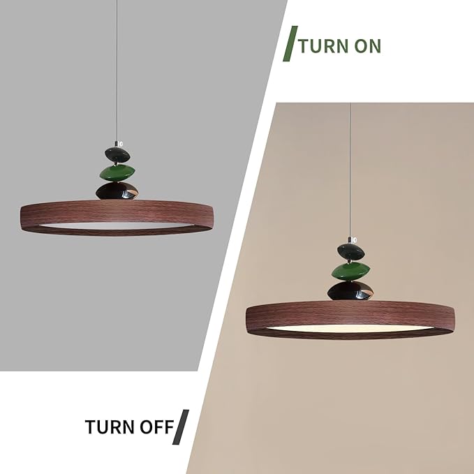 Mikeru Modern Pendant Lights, 15.8" Wood Grain Finish Pendant Lighting Fixture with Remote Control Dimmable 3 Color Mode & Brightness Mid Century Island Light Fixture for Dining Room,Living Room