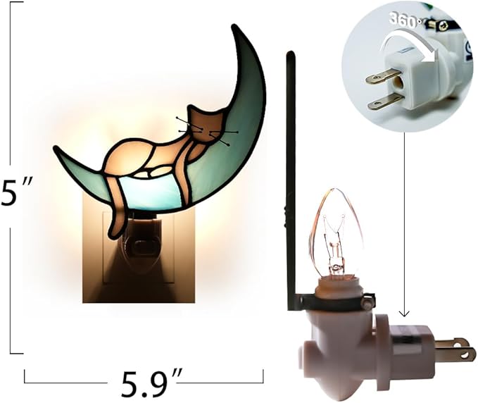 BOXCASA Cat on Moon Decor Stained Glass Night Lights Plug Into Wall Decorative,Night Light Plug in Decor for Children's Room Kitchen Toilet Bathroom,Cats Themed Gifts for Women Cat Lover