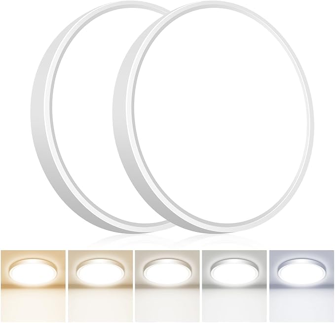 2PACK Flush Mount LED Ceiling Light Fixtures 5 Color Temperatures in One &100W Equivalent Flat Bathroom Ceiling Light,7Inch 15W Thin Round White Surface Flushmount Fixture for Closet,Bedroom,Kitchen
