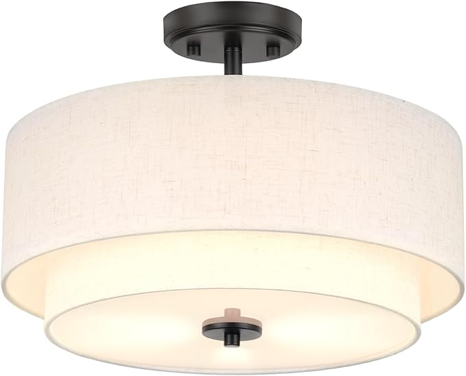 3-Light Semi Flush Mount Ceiling Light, 16" Drum Light with White Fabric Shade, Modern Close to Ceiling Lamp for Living Room Bedroom Dining Kitchen Hallway Entry (Matte Black)
