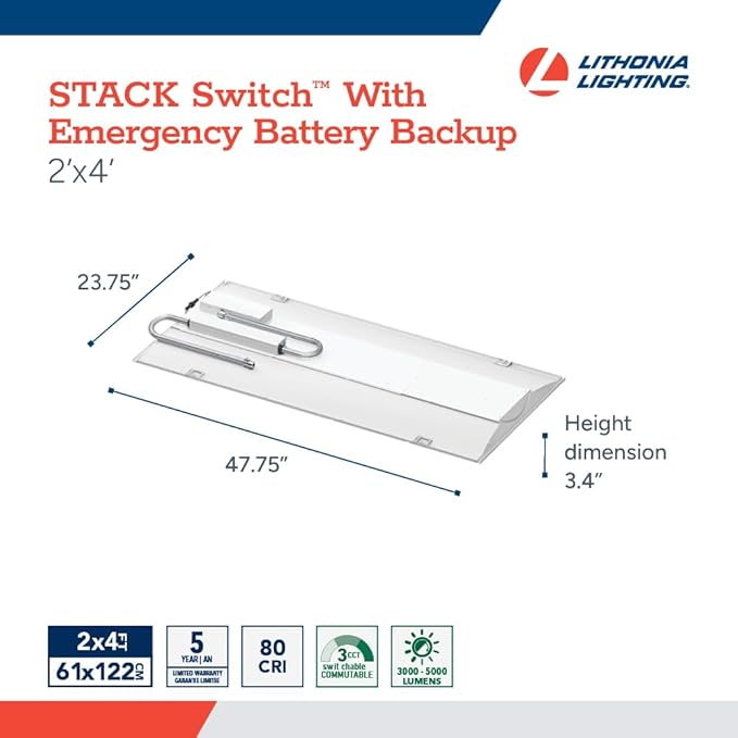 Lithonia Lighting 2x4 LED Troffer Light, Stack Switch LED Lay-in Ceiling Light Fixture, Adjustable Lumens, 3500K/4000K/5000K Switchable Color Temperature, Includes Emergency Battery Backup, White