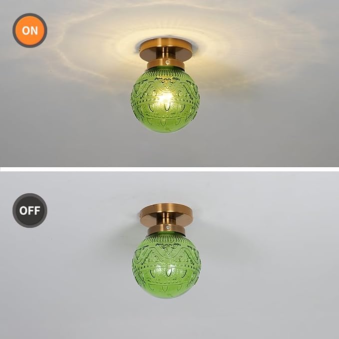 Green Globe Glass Semi Flush Mount Small Hall Ceiling Light, Modern Gold Lighting for Kitchen, Bedroom, Hallway, Porch