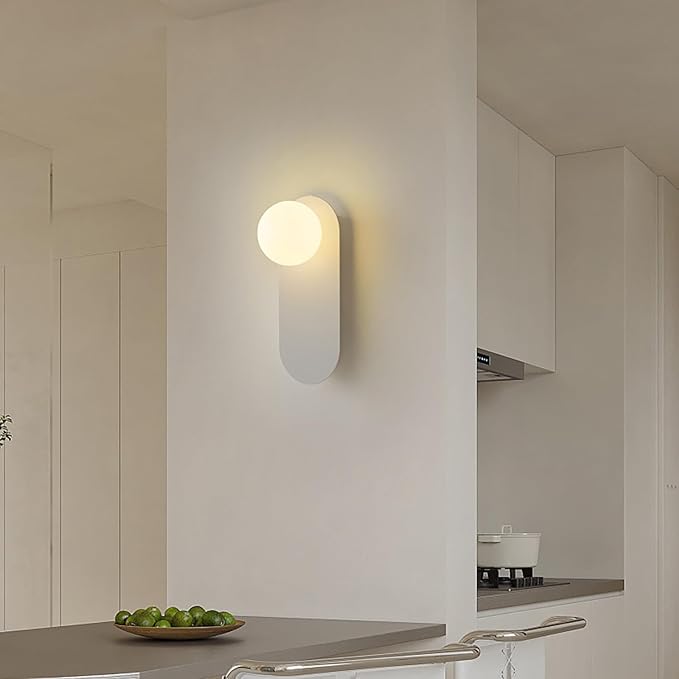White Bathroom Vanity Light Fixture,Glass Wall Lamp with Sphere Lampshade,Hardwired Hallway Light Fixture,Modern Wall Sconce for Bedside Corridor and Living Room