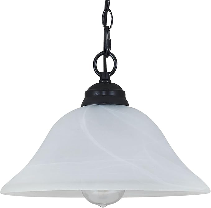 Plug in Pendant Light Alabaster Glass Shade 15.7" D Hanging Lamp with On/Off Switch,16.4Ft Cord & 14.7Ft Chain Dimmable Black Swag Light Fixture for Kitchen Sink Bar Nook