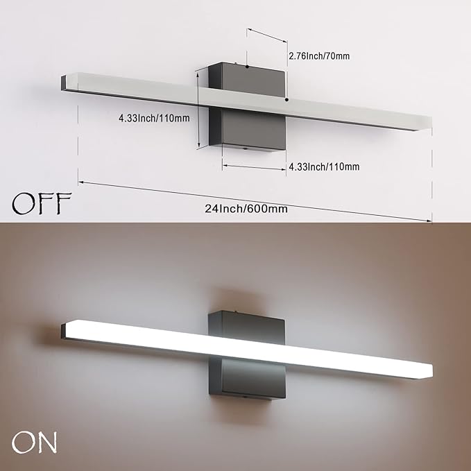 Combuh Bathroom Light Fixtures Dimmable Black Vanity Lights Bar 24 Inch 14W Bathroom Lights Over Mirror ip44 Wall Sconces Daylight White 6000K