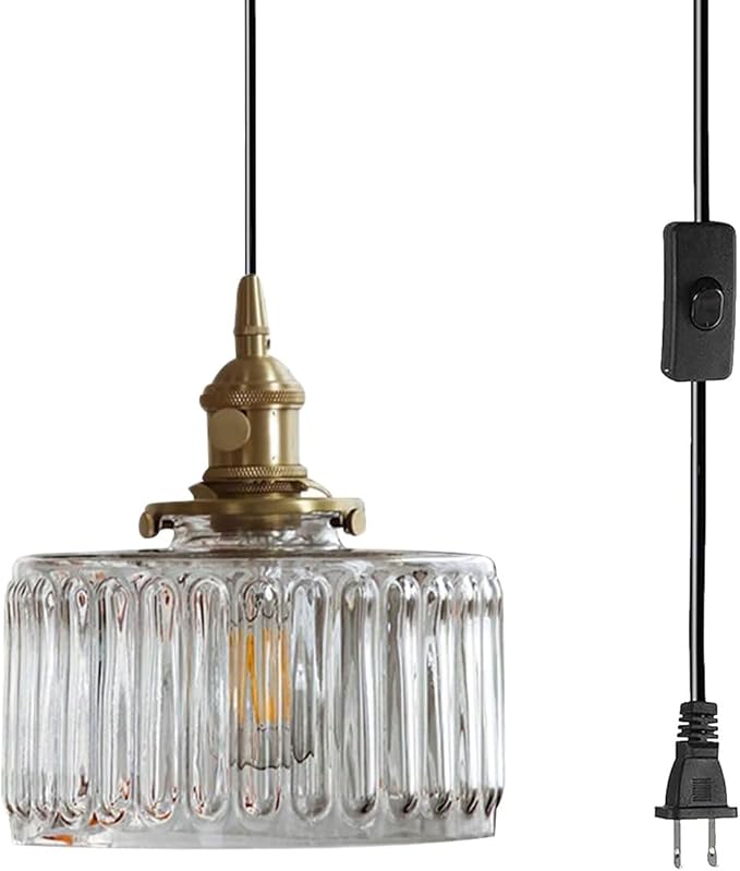 Plug in Pendant Light Clear Glass Striped Pendant Light Fixtures Vintage Glass Hanging Lighting 1-Light with Plug in Cord Mid Century Modern Hanging Lights for Kitchen Island Living Room